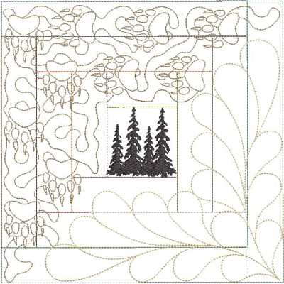 ITWPineTreeBlockSeven200x300 An embroidery design of stylized trees surrounded by intricate, flowing patterns.