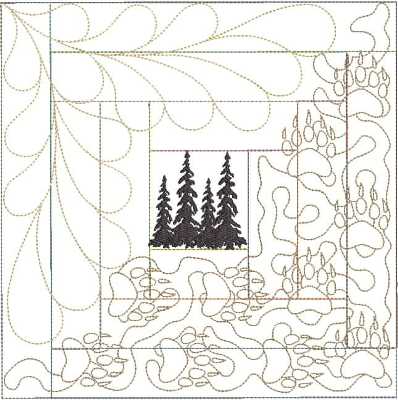 ITWPineTreeBlockSix200x300 An embroidery design of silhouetted evergreens framed by flowing, abstract lines and shapes.