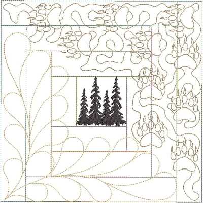 ITWPineTreeBlockTen200x300 An embroidery design of three silhouetted pine trees framed by decorative stitching elements.
