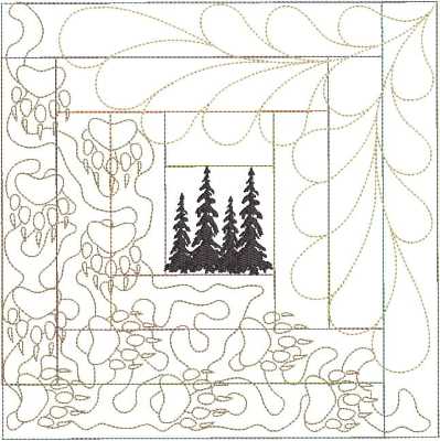 ITWPineTreeBlockTwelve200x300 An embroidery design of stylized trees within a decorative border of flowing shapes and outlines.