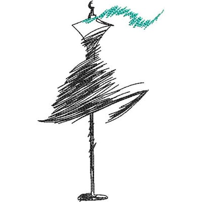 An embroidery design of a stylized dress form with flowing lines and a touch of turquoise accent.