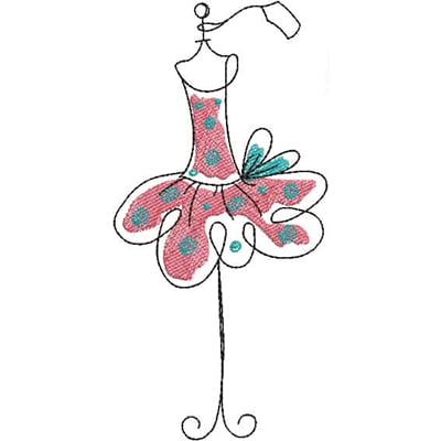 An embroidery design of a whimsical dress form adorned with a pink and blue polka-dotted skirt and a stylish bow.
