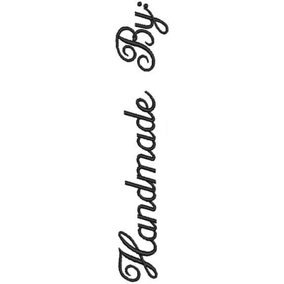 An embroidery design of the phrase "Handmade By:" written in an elegant cursive script.