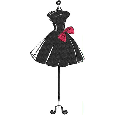 An embroidery design of a black dress on a dressmaker's dummy, accented by a pink bow.