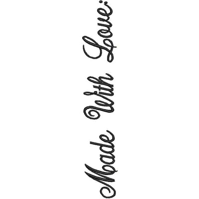 An embroidery design of the phrase "Made with Love" in an elegant, cursive font.