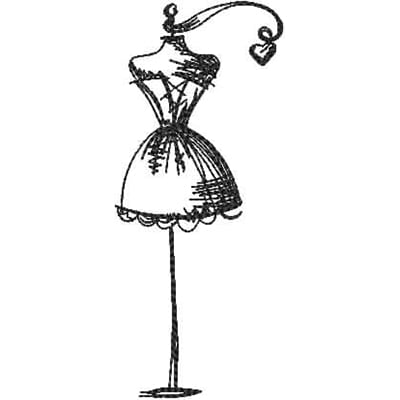 An embroidery design of a stylish dress form with a whimsical hook and heart detail.