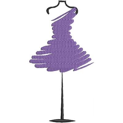 An embroidery design of a stylized purple dress on a mannequin.