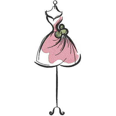 An embroidery design of a whimsical dress on a mannequin, featuring a pink fabric with a green flower accent.