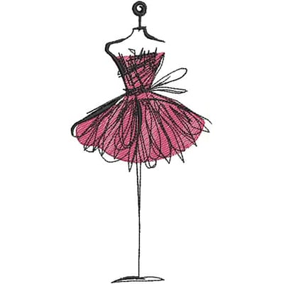 An embroidery design of a stylish pink dress on a mannequin, accentuated with ruffled detailing and a bow.