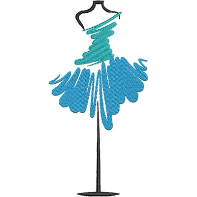 An embroidery design of a stylish dress on a mannequin, featuring a flowing blue skirt and a simple, elegant silhouette.