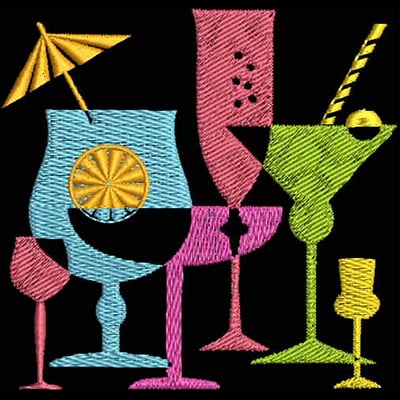 An embroidery design of various colorful drink glasses, including cocktails and a wine glass, each adorned with unique details like fruit slices and straws.