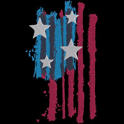 An embroidery design of a stylized flag featuring blue and red stripes with white stars scattered throughout.