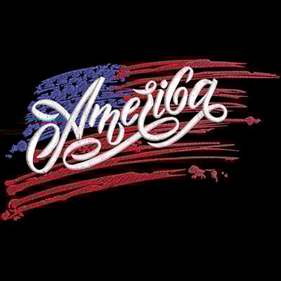An embroidery design of the word "Amerika" in a cursive font layered over a stylized depiction of the American flag.