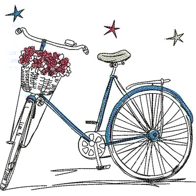 An embroidery design of a vintage bicycle with a basket of flowers, featuring colorful accents and detailing.