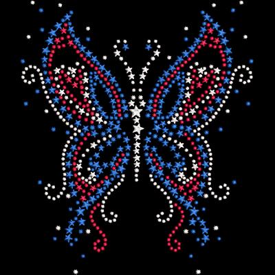 An embroidery design of a butterfly embellished with red, white, and blue stars and sparkling details.