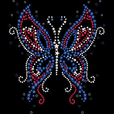 An embroidery design of a butterfly embellished with red, white, and blue decorative elements, including stars.
