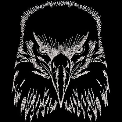 An embroidery design of a fierce eagle's head, showcasing intricate details and bold lines.