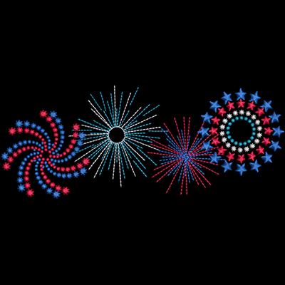 An embroidery design of four vibrant starburst patterns in red, white, and blue, each with intricate details and varied shapes.