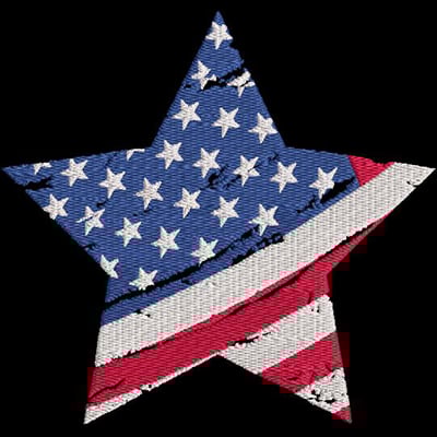 An embroidery design of a star featuring the American flag, incorporating red and white stripes along with blue and white stars.