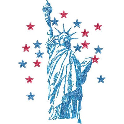 An embroidery design of the Statue of Liberty surrounded by red and blue stars.