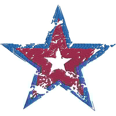 An embroidery design of a distressed star featuring a blue outline and a red interior with a white star at its center.