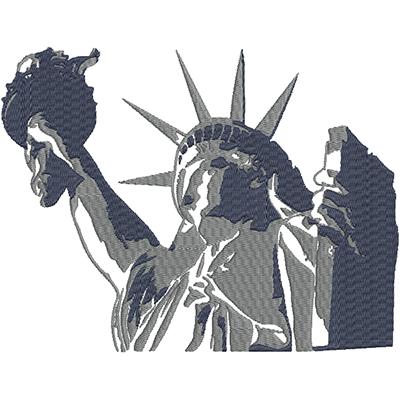 An embroidery design of the Statue of Liberty, showcasing her iconic stature and torch in a monochromatic style.
