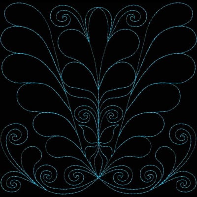 An embroidery design of intricate swirls and flowing leaves arranged in a symmetrical pattern.