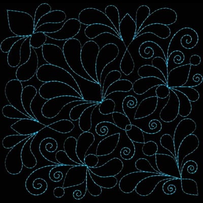 An embroidery design of swirling leaves and floral shapes, featuring intricate curves and spirals in a lively pattern.