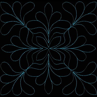 An embroidery design of an intricate symmetrical pattern featuring elongated leaves arranged in a floral motif.