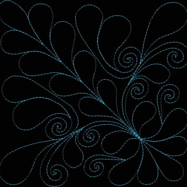 An embroidery design of swirling leaves and curls in a vibrant blue thread, creating an intricate and flowing pattern.