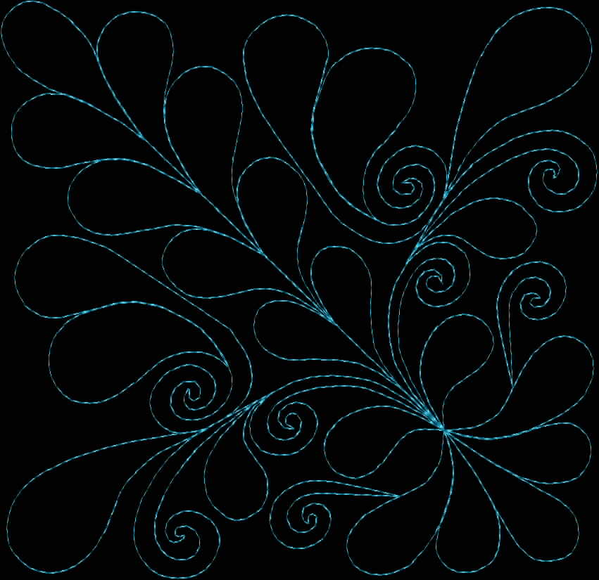 An embroidery design of swirling leaves and curls in a vibrant blue thread, creating an intricate and flowing pattern.