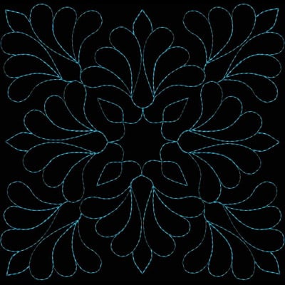 An embroidery design of symmetrical floral motifs with flowing, curved shapes arranged in a circular pattern.