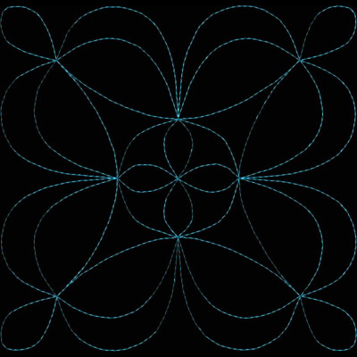 An embroidery design of interconnected swirling loops creating a symmetrical pattern in a light blue thread.