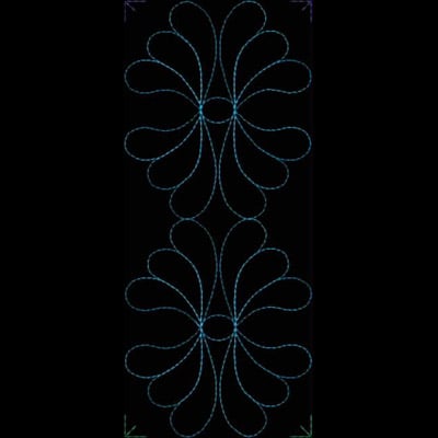 An embroidery design of intertwining floral shapes created with delicate, flowing lines in varying shades of blue.
