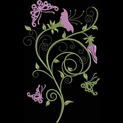 An embroidery design of elegant pink flowers and butterflies intertwined with green vines, showcasing a delicate and whimsical floral motif.