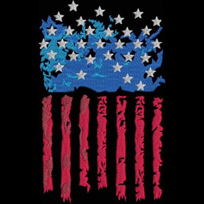 An embroidery design of a stylized American flag featuring blue sections with white stars and red stripes, creating a bold and dynamic visual effect.