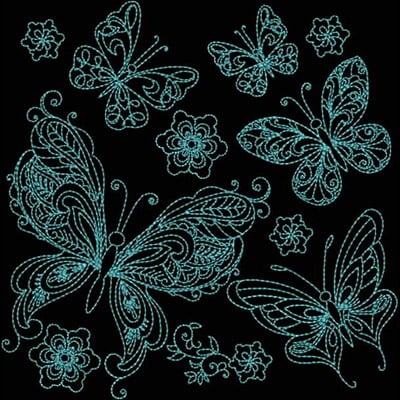An embroidery design of intricately detailed butterflies and flowers in a vibrant turquoise color.
