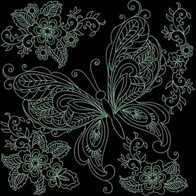 An embroidery design of a beautifully intricate butterfly surrounded by elegant floral elements and swirling vine patterns.