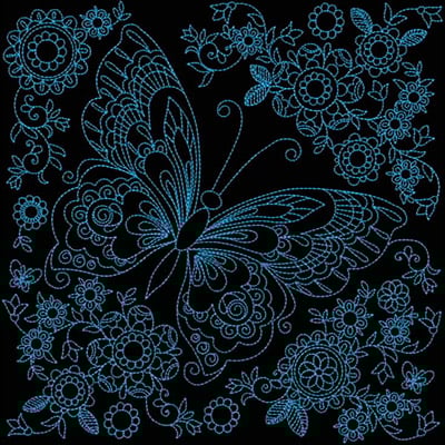 An embroidery design of a vibrant blue butterfly surrounded by intricate floral patterns.