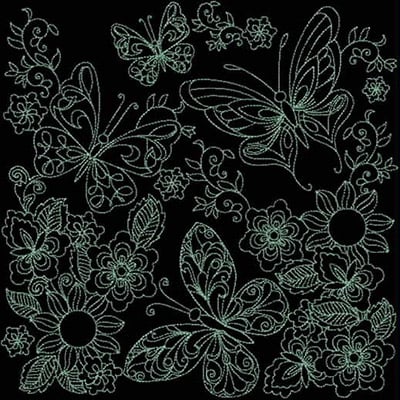 An embroidery design of delicate butterflies and intricate flowers, showcasing a harmonious blend of natural motifs.