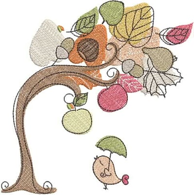 An embroidery design of a whimsical tree adorned with colorful leaves and fruit, accompanied by a small bird holding an umbrella.