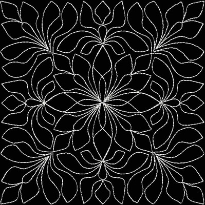 An embroidery design of intricate, symmetrical floral motifs with a repeating pattern that showcases elegant, flowing lines.