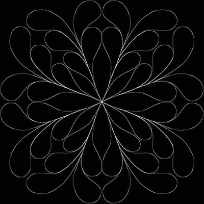An embroidery design of a symmetrical floral pattern featuring elongated teardrop shapes radiating from a central point.