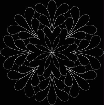 An embroidery design of a symmetrical floral pattern featuring teardrop-shaped motifs radiating outward from a central point.