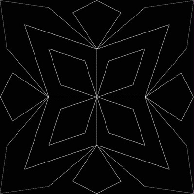 An embroidery design of a symmetrical star-like pattern with pointed shapes radiating from a central point.