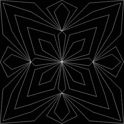 An embroidery design of a symmetrical, geometric pattern featuring intricate lines that form a flower-like shape in the center.