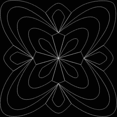 An embroidery design of interlocking curved shapes forming a symmetrical floral pattern.
