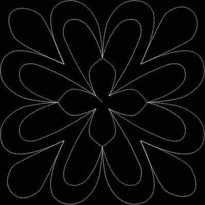 An embroidery design of a symmetrical floral pattern featuring elongated petal shapes radiating from a central flower.