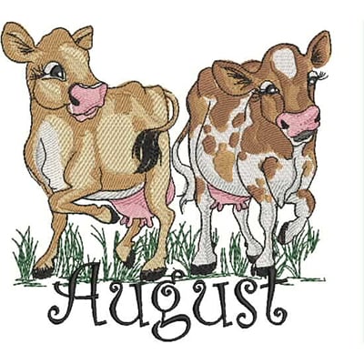 An embroidery design of two playful cows with the word "August" elegantly scripted beneath them.