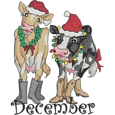 An embroidery design of two festive cows wearing Santa hats and holiday accessories, accompanied by the word "December."